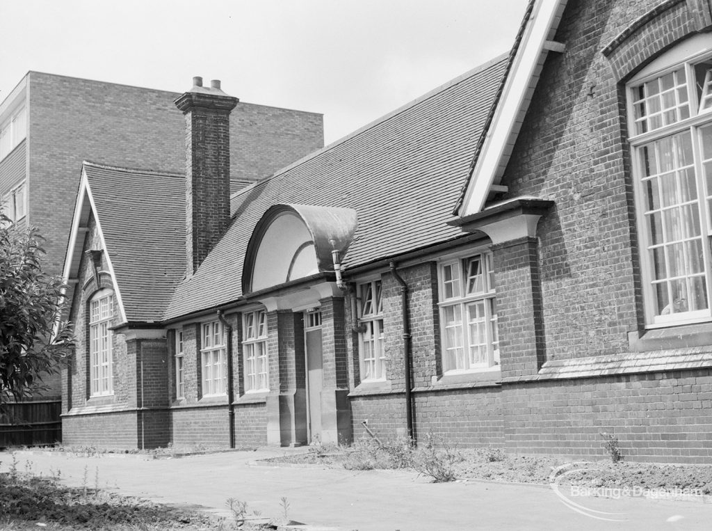 Village Infants School, Church Elm Lane, Dagenham [closed 23 July 1971], showing close view of front from east-south-east, 1971
