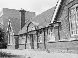 Village Infants School, Church Elm Lane, Dagenham [closed 23 July 1971], showing close view of front from east-south-east, 1971