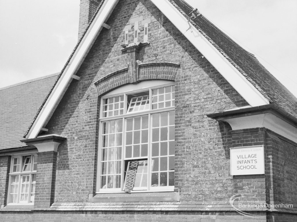 Village Infants School, Church Elm Lane, Dagenham [closed 23 July 1971], showing east gable and school name plate from south-south-east, 1971