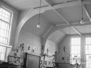 Village Infants School, Church Elm Lane, Dagenham interior [closed 23 July 1971], showing curved roof with beams, 1971