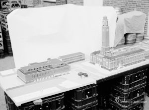 London Borough of Barking, Architect’s Department model of new Barking Library, showing aerial view of piazza, with Town Hall and Barking Library, taken from north-west, 1971