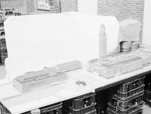London Borough of Barking, Architect’s Department model of new Barking Library, showing aerial view of piazza, with Town Hall and Barking Library, taken from north-west, 1971