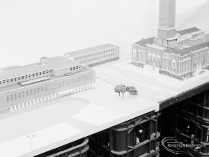 London Borough of Barking, Architect’s Department model of new Barking Library, showing piazza with Town Hall and Barking Library, taken from north-west, 1971