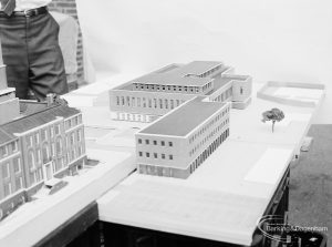 London Borough of Barking, Architect’s Department model of new Barking Library, showing view from above with part of Barking Town Hall (left), another building (centre) and Barking Library (top), 1971