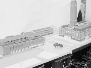 London Borough of Barking, Architect’s Department model of new Barking Library, showing Barking Library (left) and Barking Town Hall and clocktower (right), 1971