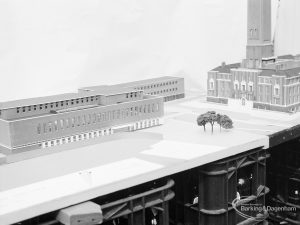 London Borough of Barking, Architect’s Department model of new Barking Library, showing piazza with Town Hall and Barking Library, taken from north-west, 1971