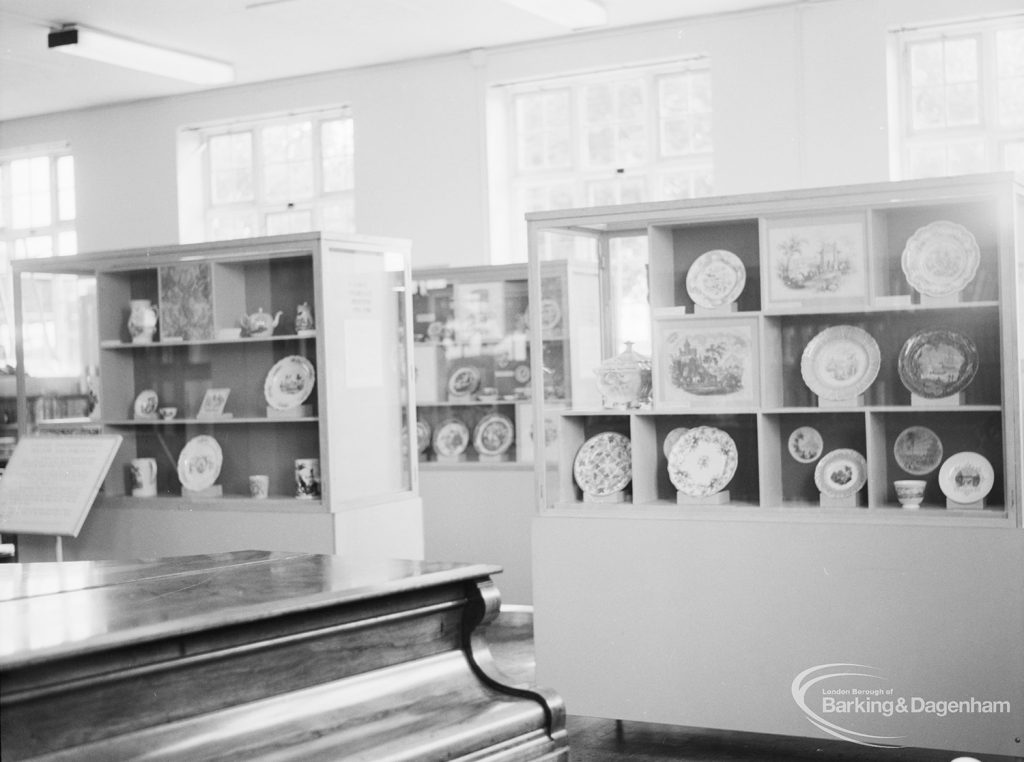 Victoria and Albert exhibition of English transfer-printed pottery and porcelain at Rectory Library, Dagenham, showing general view of exhibition, 1971