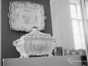 Victoria and Albert exhibition of English transfer-printed pottery and porcelain at Rectory Library, Dagenham, showing tureen with lid and dish above, 1971