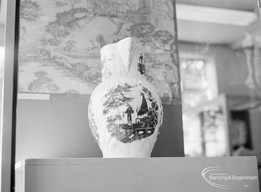 Victoria and Albert exhibition of English transfer-printed pottery and porcelain at Rectory Library, Dagenham, showing white ewer with figures in landscape, 1971