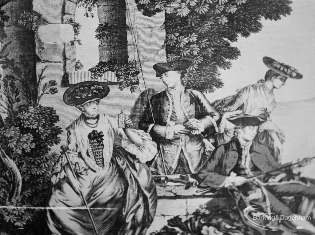 Victoria and Albert exhibition of English transfer-printed pottery and porcelain at Rectory Library, Dagenham, showing close-up of eighteenth century figures on plate, 1971