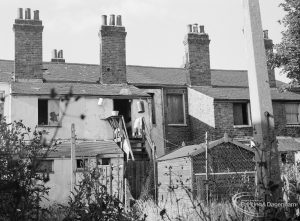 Old houses in Church Elm Lane, Dagenham, viewed from footpath [to be closed] between Rectory Road and Vicarage Road, 1971