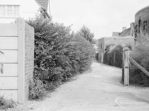 Offending hedge at rear of Woodward Library, Dagenham, showing the drive-in with hedge on left, looking east, 1971