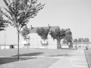 Three-story flats in Rose Lane, Marks Gate, taken along pavement and with trees at left, 1971