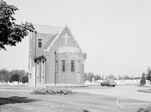 Marks Gate Cemetery, Chadwell Heath with Chapel, taken from east and with Ford Prefect car, 1971
