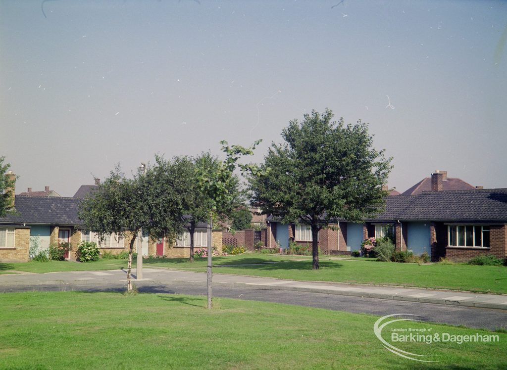 Rose Lane, Marks Gate, with War Memorial bungalows (centre) and meadow, taken from south, 1971