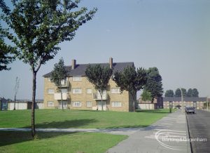 Three-story flats in Padnall Road, Marks Gate, taken along pavement and with trees at left, 1971