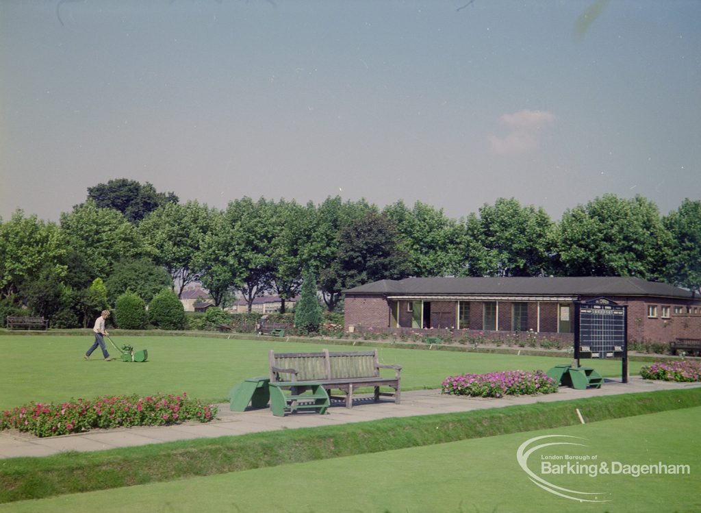 St Chad’s Park, Chadwell Heath, with Bowling Green and screen of trees in background, 1971