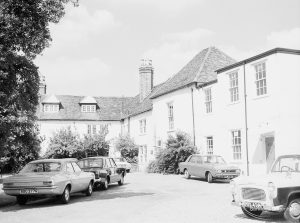 Valence House, Dagenham [taken for official guide], including west wing and with parked cars, 1971