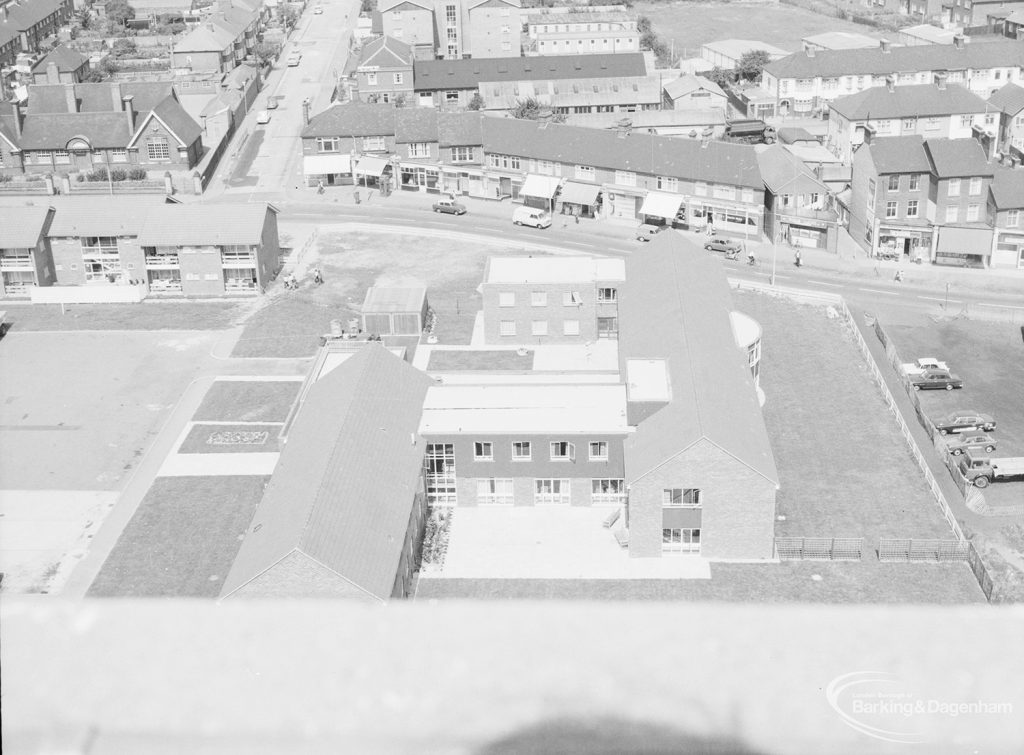 Dagenham Old Village area, taken from top of Thaxted House, Siviter Way, showing new housing for elderly people at Grays Court and old Dagenham Village Infants School (top left), 1971