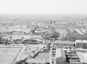 Dagenham Old Village area, taken from top of Thaxted House, Siviter Way, showing Old Dagenham Park (left), Rectory Library (centre), and Village Infants School and Vicarage Road (right), 1971