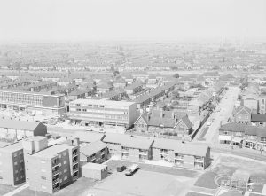 Dagenham Old Village area, taken from top of Thaxted House, Siviter Way, showing view north across Church Elm Lane and Charlotte Road, with old Village Infants School in centre, 1971
