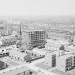 Dagenham Old Village area, taken from top of Thaxted House, Siviter Way, showing new housing tower block in Vicarage Lane near junction with Church Elm Lane, 1971