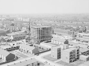 Dagenham Old Village area, taken from top of Thaxted House, Siviter Way, showing new housing tower block in Vicarage Lane near junction with Church Elm Lane, 1971