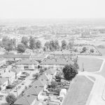 Dagenham Old Village area, taken from top of Thaxted House, Siviter Way, showing St Peter and St Paul’s Parish Church (centre), housing and trees, 1971