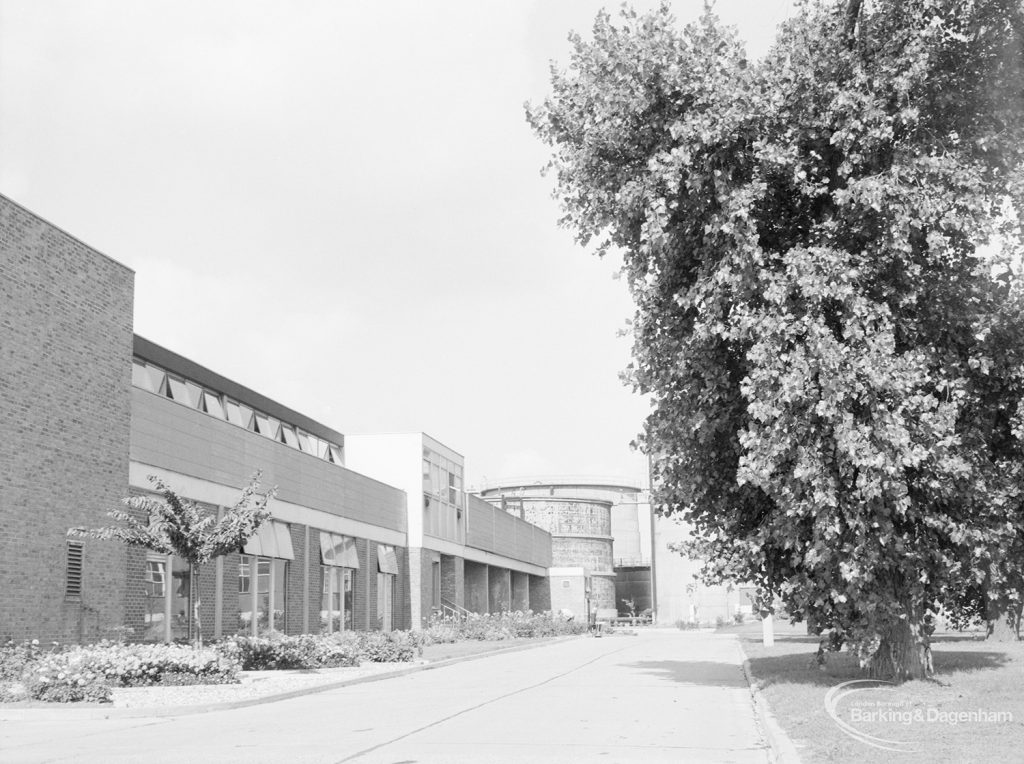 Sewage Works Reconstruction (Riverside Treatment Works) XXII, showing road towards office by tree (right), 1971