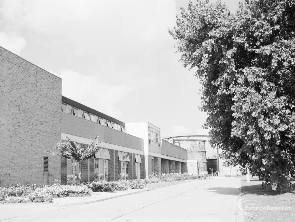 Sewage Works Reconstruction (Riverside Treatment Works) XXII, showing the pumping hall, north side taken from north-east, with flowers and tree, 1971