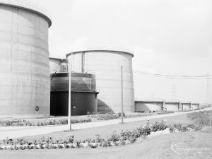 Sewage Works Reconstruction (Riverside Treatment Works) XXII, showing close-up of two digesters with flowerbeds in foreground, 1971
