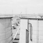 Sewage Works Reconstruction (Riverside Treatment Works) XXII, showing close-up of part of two tall digesters, 1971