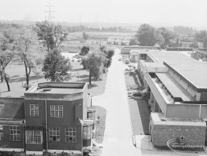 Sewage Works Reconstruction (Riverside Treatment Works) XXII, showing aerial view looking east along avenue, with old offices on left, 1971