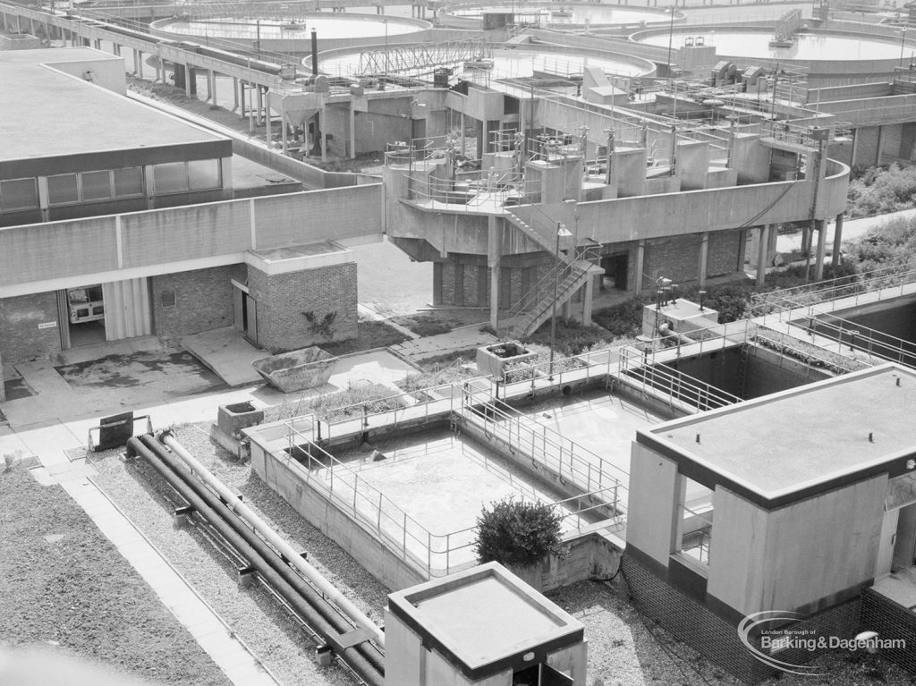 Sewage Works Reconstruction (Riverside Treatment Works) XXII, showing aerial view of buildings around west end of pump house, 1971