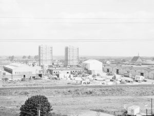 Sewage Works Reconstruction (Riverside Treatment Works) XXII, showing aerial view of tower blocks and other buildings looking north, 1971
