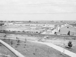 Sewage Works Reconstruction (Riverside Treatment Works) XXII, showing aerial view of sparse area towards Wellington Drive, Dagenham, 1971