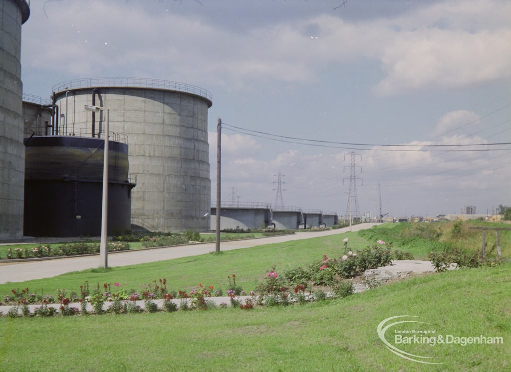 Sewage Works Reconstruction (Riverside Treatment Works) XXII, showing close-up of digesters with flowerbeds in foreground, 1971