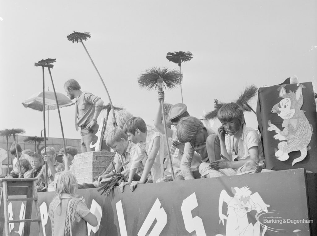 Assembly and departure of Barking Carnival 1971 from Mayesbrook Park, showing Mary Poppins float, 1971