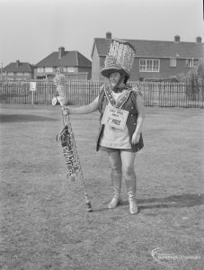 Barking Carnival 1971 from Mayesbrook Park, showing woman in fancy dress costume as a drum major, second prize winner in the fancy dress competition, 1971