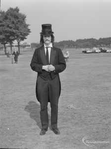 Barking Carnival 1971 from Mayesbrook Park, showing Library janitor Eddie Martin in fancy dress costume, 1971