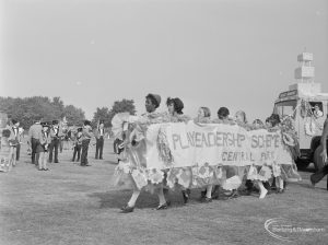 Barking Carnival 1971 from Mayesbrook Park, showing a walking display by women in the carnival, for the Play Leadership Scheme at Central Park, 1971