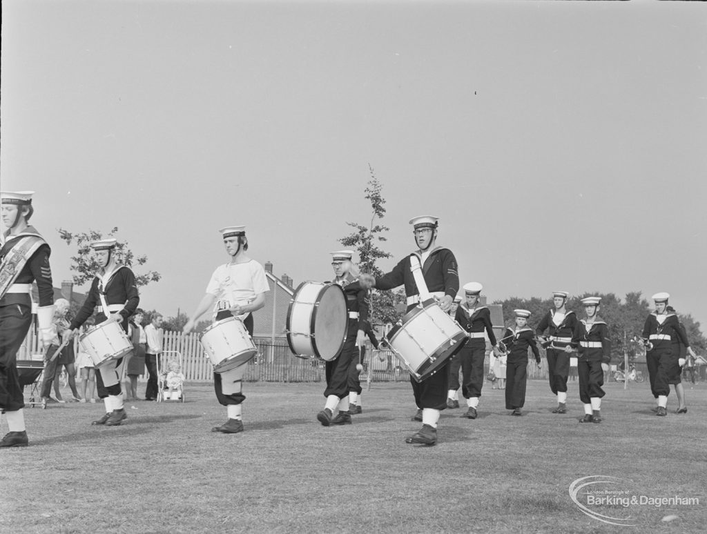 Barking Carnival 1971 from Mayesbrook Park, showing Sea Cadets marching with band in the procession, 1971