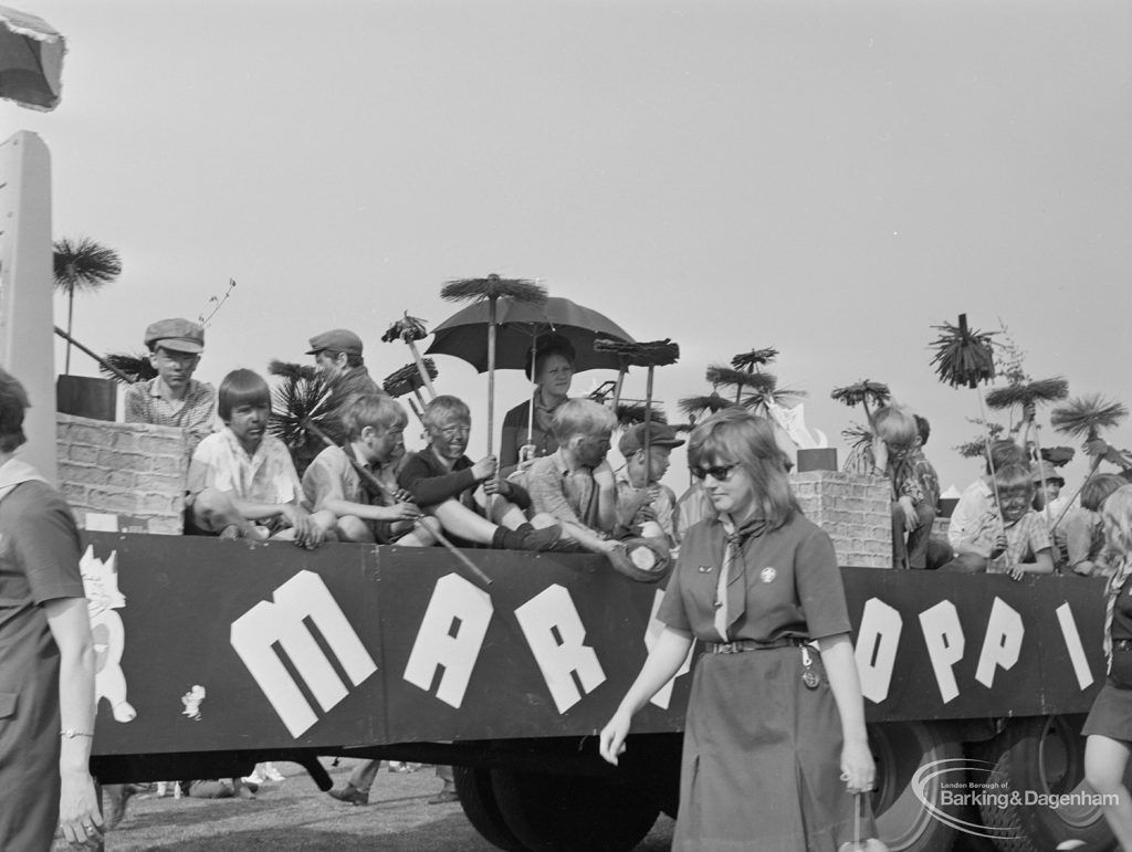 Barking Carnival 1971 from Mayesbrook Park, showing Mary Poppins float with boys dressed as chimney sweeps, 1971