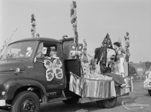 Barking Carnival 1971 from Mayesbrook Park, showing a decorated float featuring floral butterflies and a witch, 1971