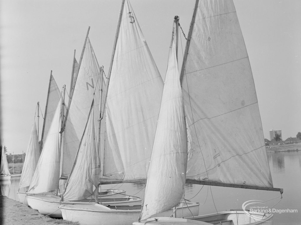 Barking Carnival 1971 from Mayesbrook Park, showing a row of sail boats moored up, 1971