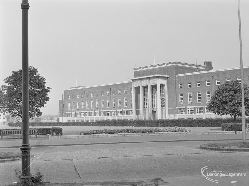 Front exterior of Civic Centre, Dagenham, taken from the southwest, 1971