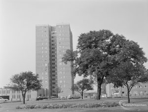 Becontree Heath housing development, showing tower blocks in Stour Road, Dagenham, taken from across Civic Centre roundabout, 1971