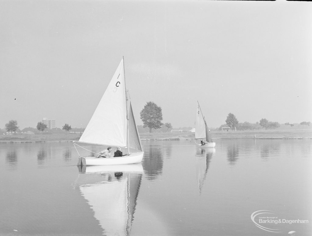 1c’ sailing boat close-hauled in light airs, at the Sailing Regatta in Mayesbrook Park, Dagenham, 1971