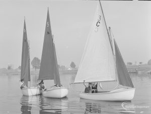 3c’ boat clearing from ‘5’ and ‘6’ (red sails) and almost colliding, at the Sailing Regatta in Mayesbrook Park, Dagenham, 1971