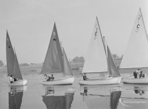 2c’, ‘3c’, ‘4’ and ‘5’ sailing boats in line, at the Sailing Regatta in Mayesbrook Park, Dagenham, 1971